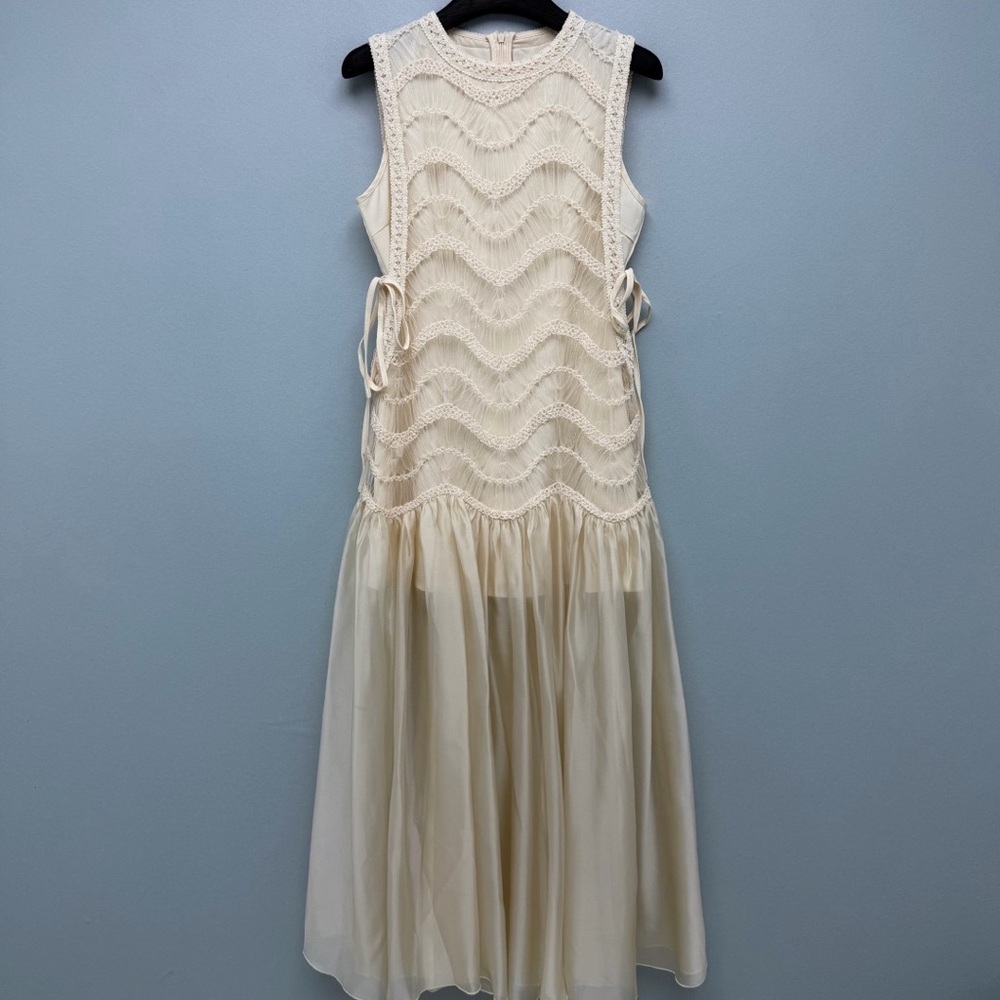 Valentino Garavani Sleeveless Cream Crochet & Chiffon Maxi Dress